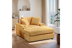 JEEOHEY Oversized Chaise Lounge Chair Indoor with Ottoman,43.3" Corduroy Upholstered Modern Sofa Couch with Storage Spaces⋓ Holder,Comfy Lazy Sofa Chair,Leisure Sleeper Chair for Living Room,Office(Yellow)