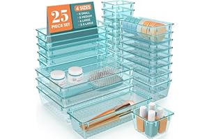 WOWBOX 25 PCS Plastic Drawer Organizer Set, 4 Sizes Desk Drawer Divider Organizers and Storage Bins for Makeup, Jewelry, Gadgets for Kitchen, Bedroom, Bathroom, Office, Sea Blue