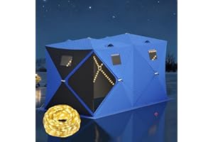 Ice Fishing Tent with 49Ft LED Light Strip, Windproof Hub Design & Spacious Fishable Space, Fits 1-3 People