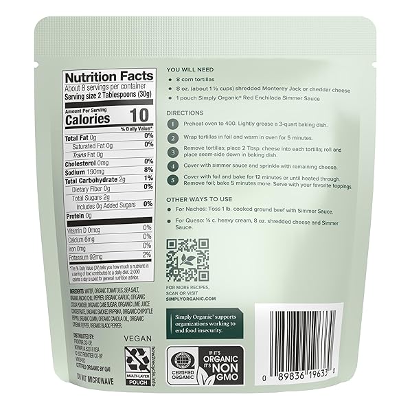 SIMPLY ORGANIC RED ENCHILADA SIMMER SAUCE, 8 OUNCE POUCH, FOR BEEF, CHEESE OR CHICKEN ENCHILADAS, CHILI ZEST (PACK OF 6)