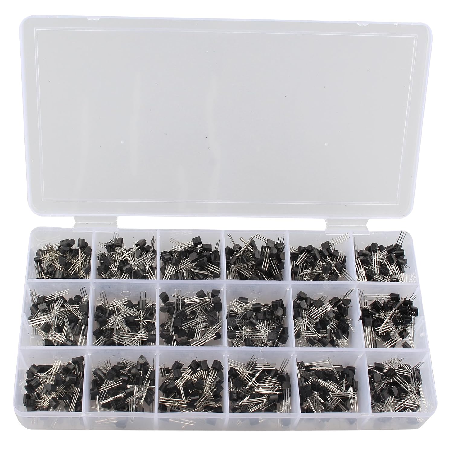 HALJIA 900Pcs 18 Kinds Transistor NPN PNP Kit Set 30-180V 50-1500mA Assortment Model:A1015,A733,C945,C1815,S8050,S8550,S9012,S9013,S9014,S9015,S9018,SS8050,SS8550,2N2222,2N3904,2N3906,2N5401,2N5551