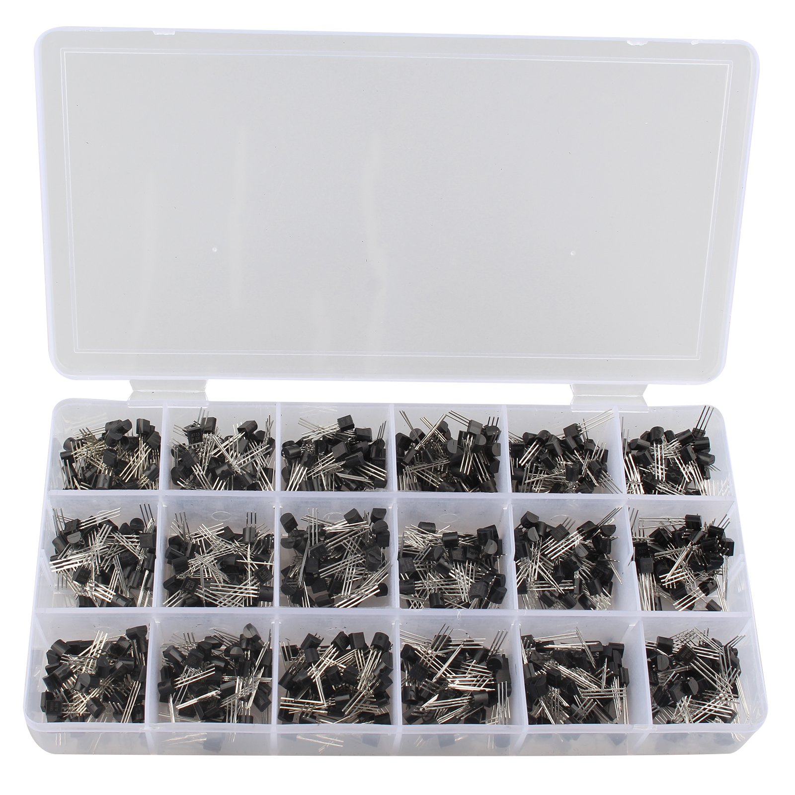 HALJIA 900Pcs 18 Kinds Transistor NPN PNP Kit Set 30-180V 50-1500mA Assortment Model:A1015,A733,C945,C1815,S8050,S8550,S9012,S9013,S9014,S9015,S9018,SS8050,SS8550,2N2222,2N3904,2N3906,2N5401,2N5551