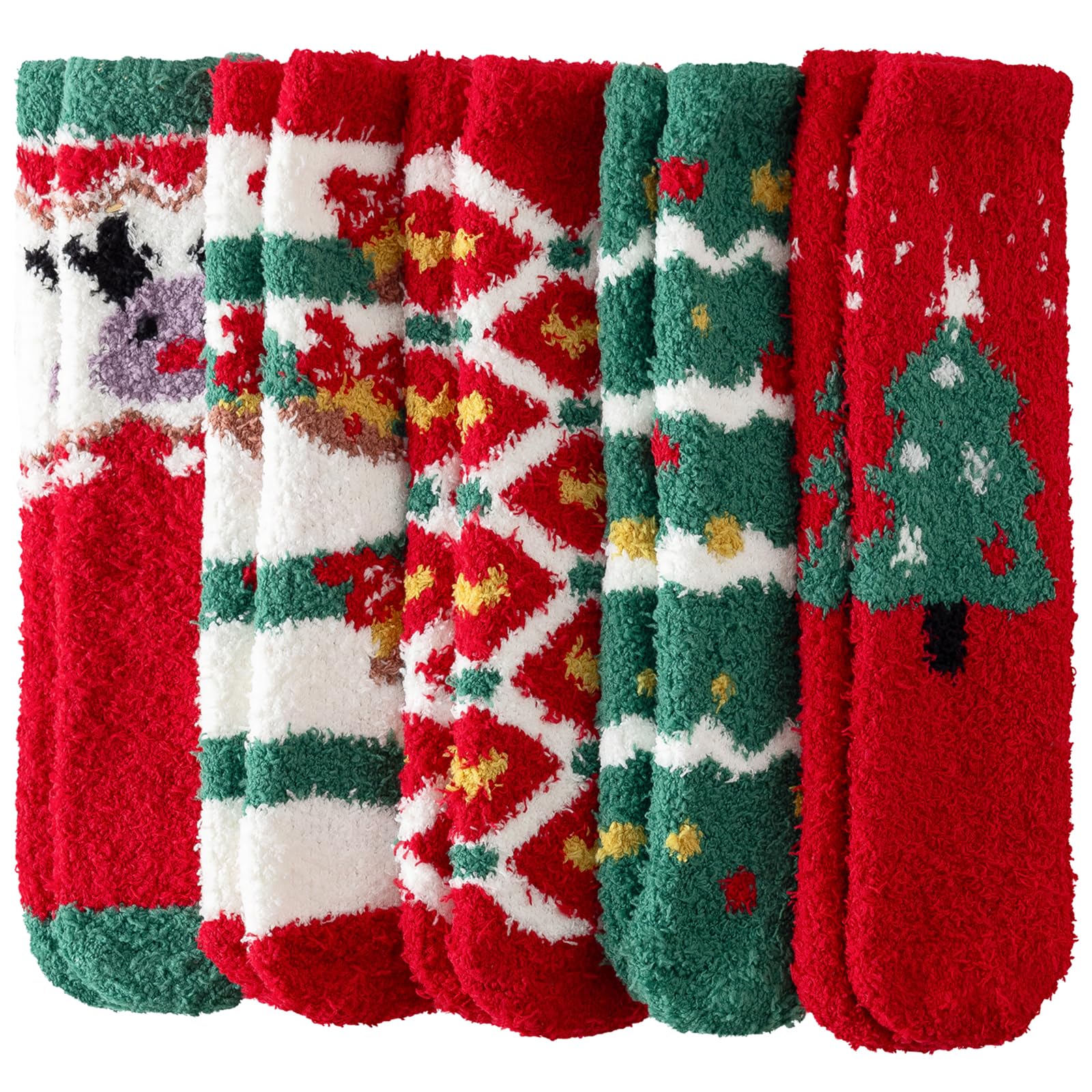 fauson 5 Pairs SDW Fuzzy Socks for Women - Christmas Fuzzy Socks Cozy Fun, Xmas Holiday Sock for Gifts