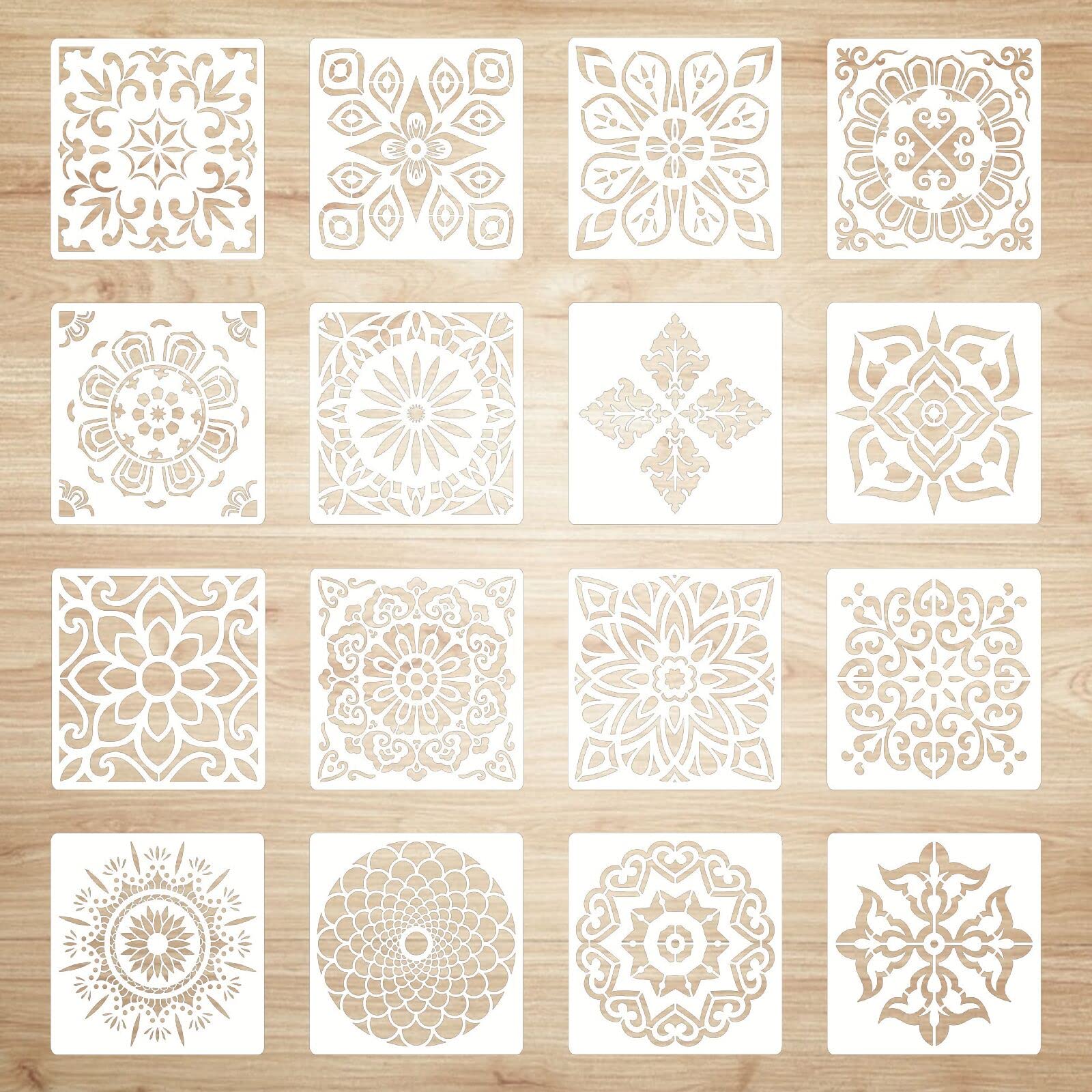Mandala Stencil Art Set, 16 PCS Reusable Furniture Stencils - DIY Wall, Furniture, Floor, Window, Stones, Fabric, Tile Painting Templates