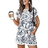 WIHOLL Two Piece Sets for Women Summer Lounge Short Sets Cap Sleeve Crew Neck Sweatsuit with Pocket XS-2XL
