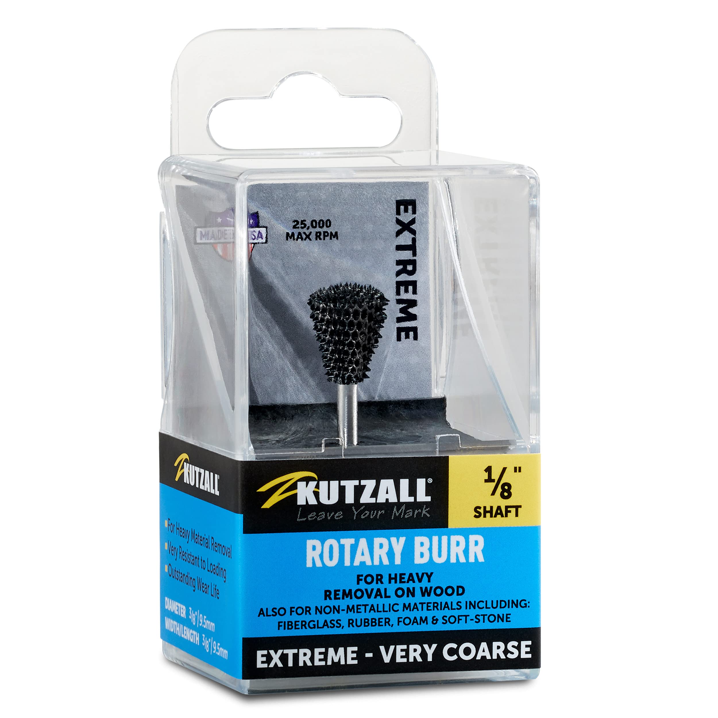 Kutzall Extreme Dove Tail Burr, 1⁄8" Shaft, Very Coarse - Woodworking Attachment for Dremel, Foredom, DeWalt, Milwaukee. Abrasive Tungsten Carbide, 3⁄8" (9.5mm) Dia. X 1⁄2" (12.7mm) Length, DTX-38-EC