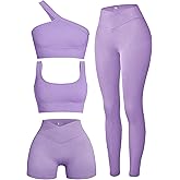 Workout Sets for Women,Two Piece Sexy Crossover Shorts Matching Set Cut One Shoulder Crop Tank Top 2 Piece Outfits 4 Packs