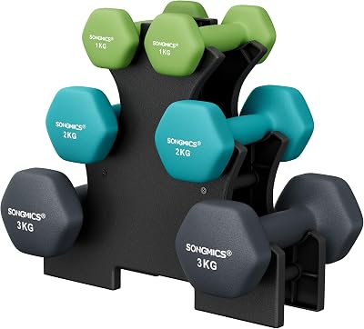 SONGMICS 6 Dumbbells Set with Storage Stand Neoprene Hex 1/2/3 kg Lime Teal