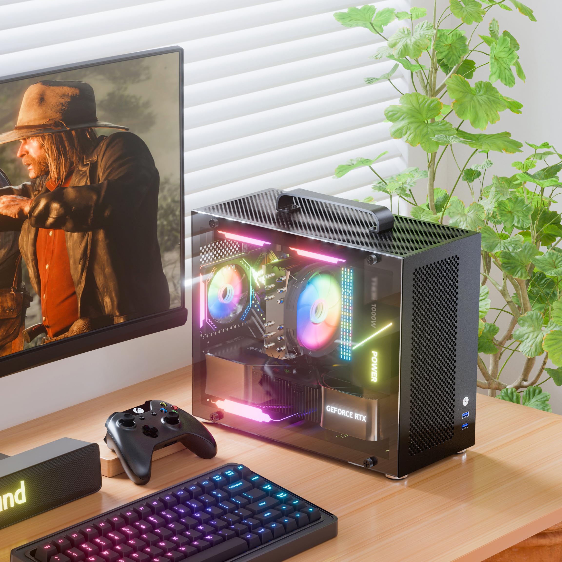 Micro ATX Case, MATX PC Case for ITX MATX Motherboard, 2X 120mm ARGB Fans Preinstalled, Tempered Glass, Fully Ventilated Airflow, Mini PC Case with USB3.0
