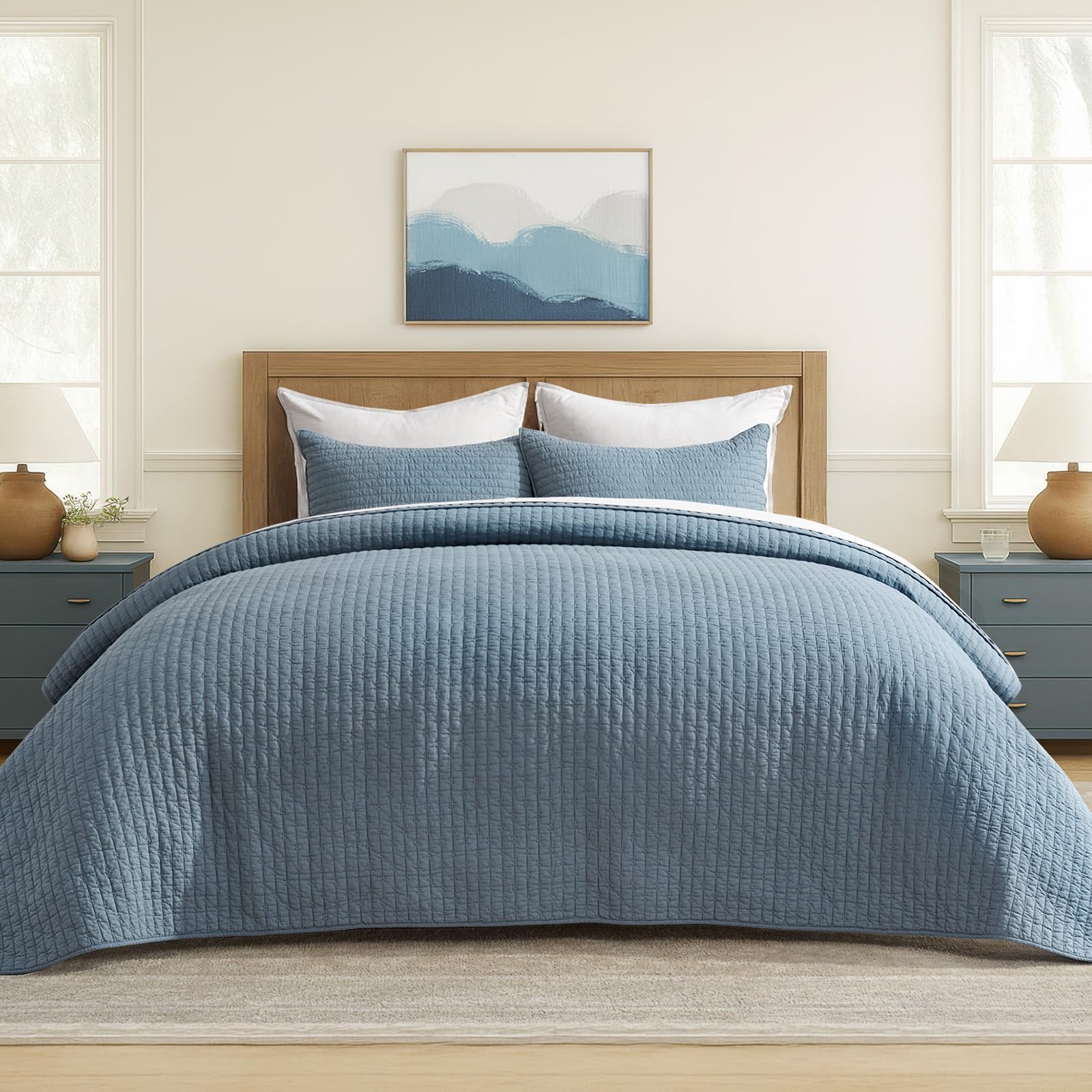 Photo 1 of EVERGRACE x Kinsey Walsh Cross Stitch Pre-Washed Cotton Quilt Bedding Set King Size, Oversized 3 Pieces Lightweight Bedspread Coverlet for All Season, with 2 Matching Shams, Dusty Blue, 118"x106"