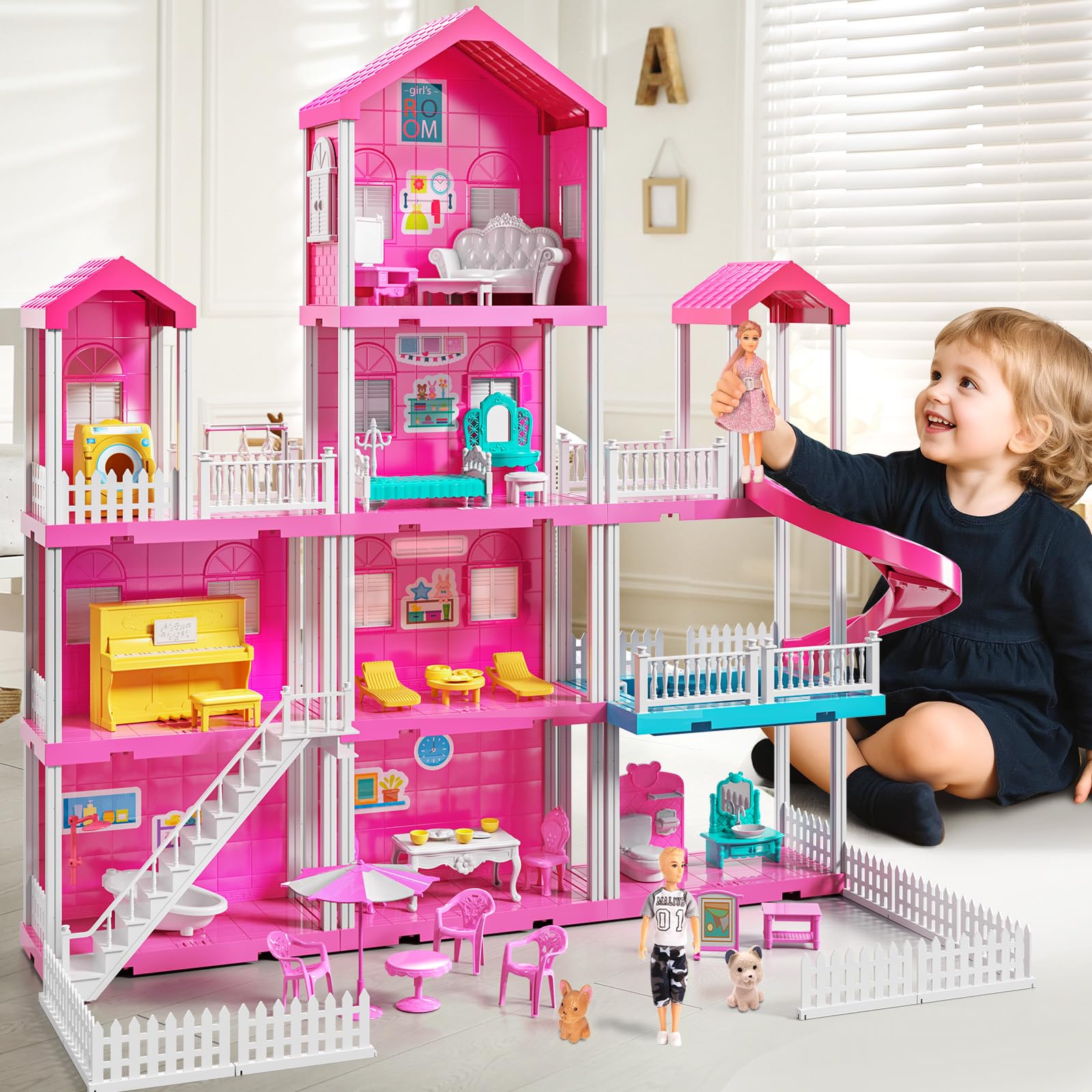 Pink Villa Playset for Girls Ages 3-7, 4-Story 10-Room House with 2 Dolls, Furniture & Accessories, Pretend Play Toddler Toy, Birthday Gifts for Kids 3-8