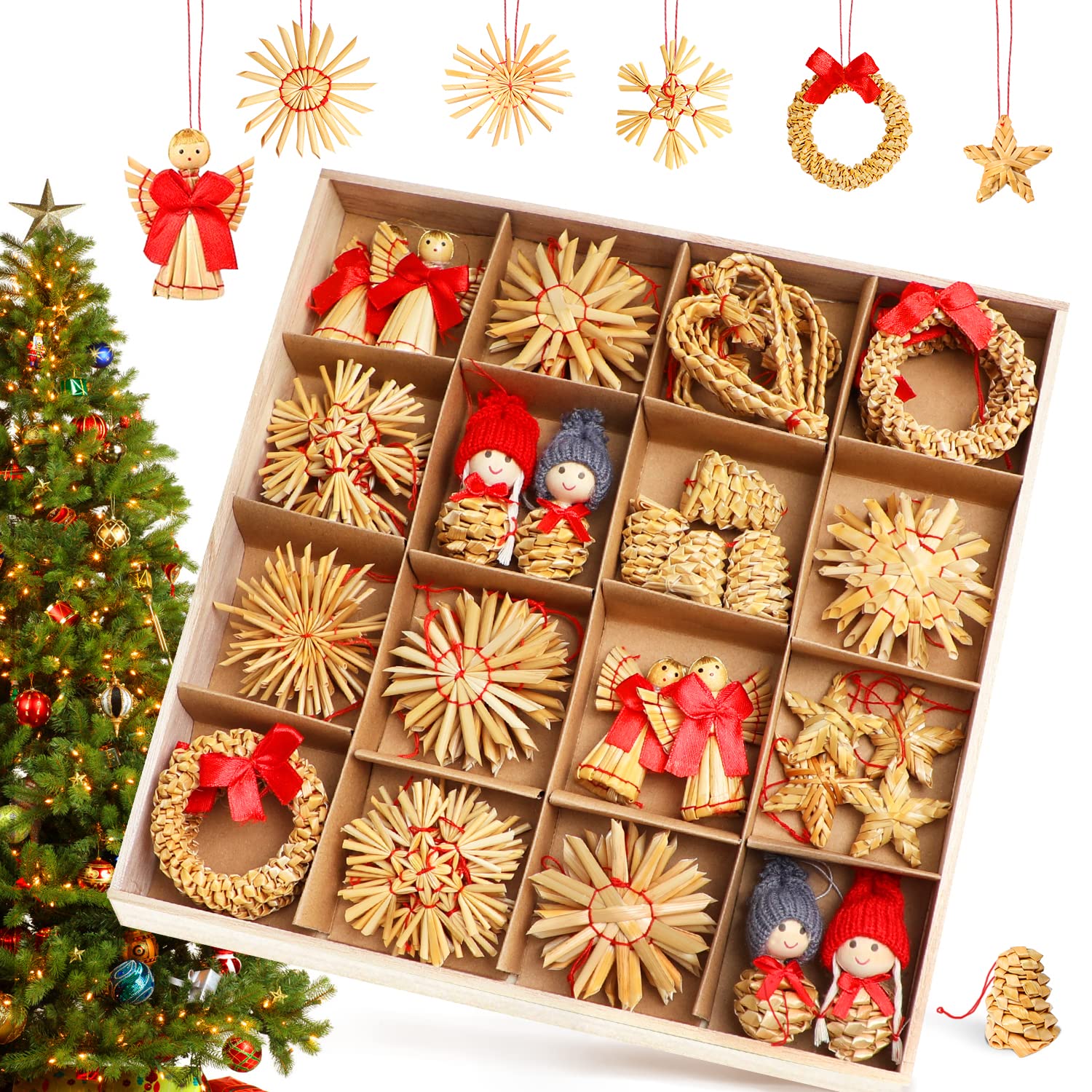 Personalised Christmas Baubles, 52 PCS Natural Straw Stars Hanging Set for Xmas Tree Decoration