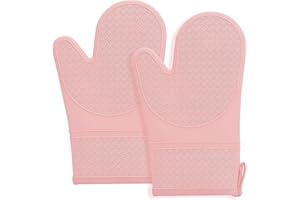 Hovico Silicone Oven Mitts, Oven Gloves with Non-Slip Waterproof - 2PCS Pink Oven Mittens Heat Resistant 600 Degree, Soft Lin