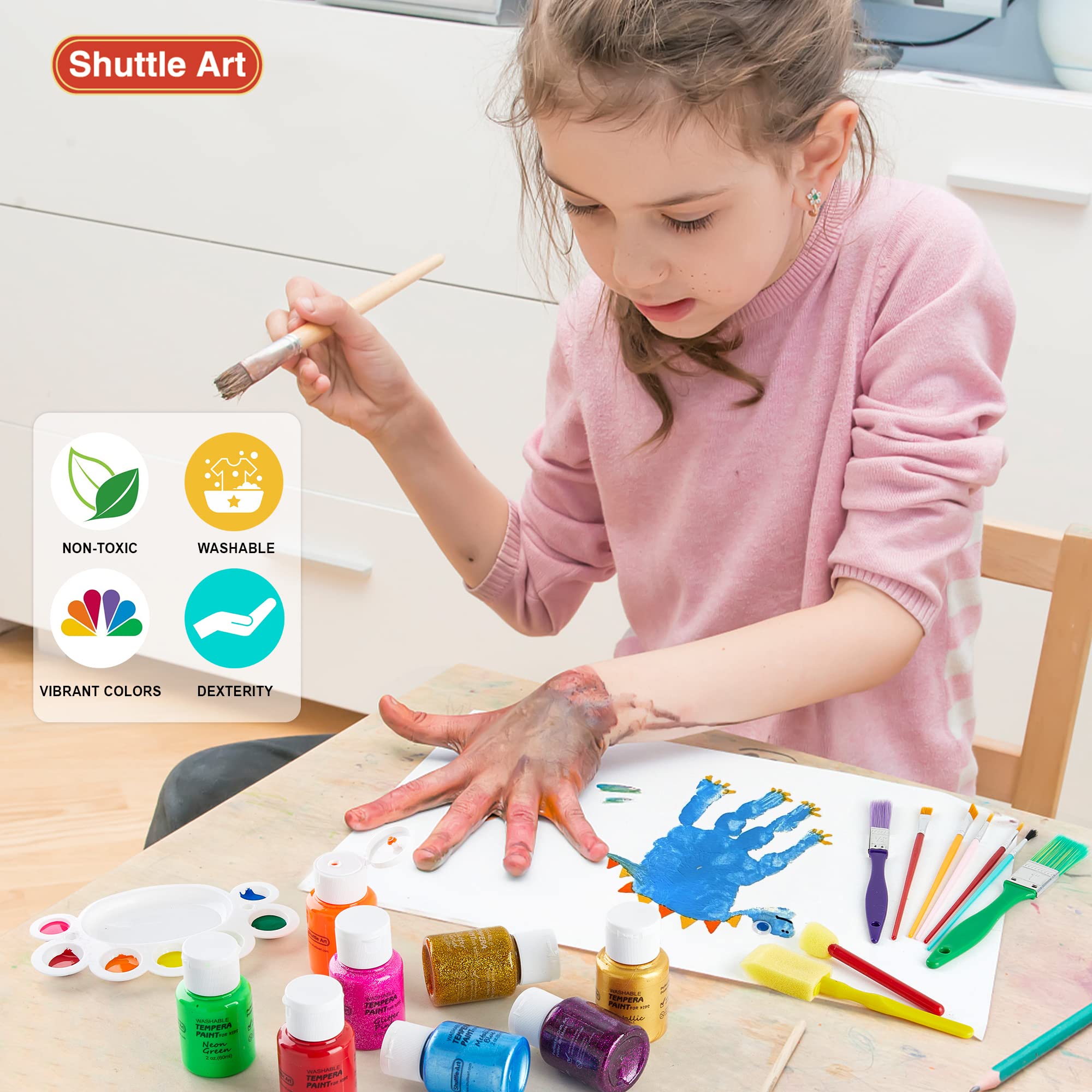 Shuttle Art Tempera Paint, 30 Colors Washable Paint for Kids, 2oz/60ml Bottle, Non-toxic for Toddlers with Glitter Metallic Neon Colors, For Art, Crafts and School Projects