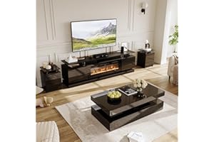Nordivale 4-Piece Modern Living Room Table Set, Includes High Gloss 70" Fireplace TV Stand, LED Coffee Table and End Tables Set of 2 with Storage Drawers, Black