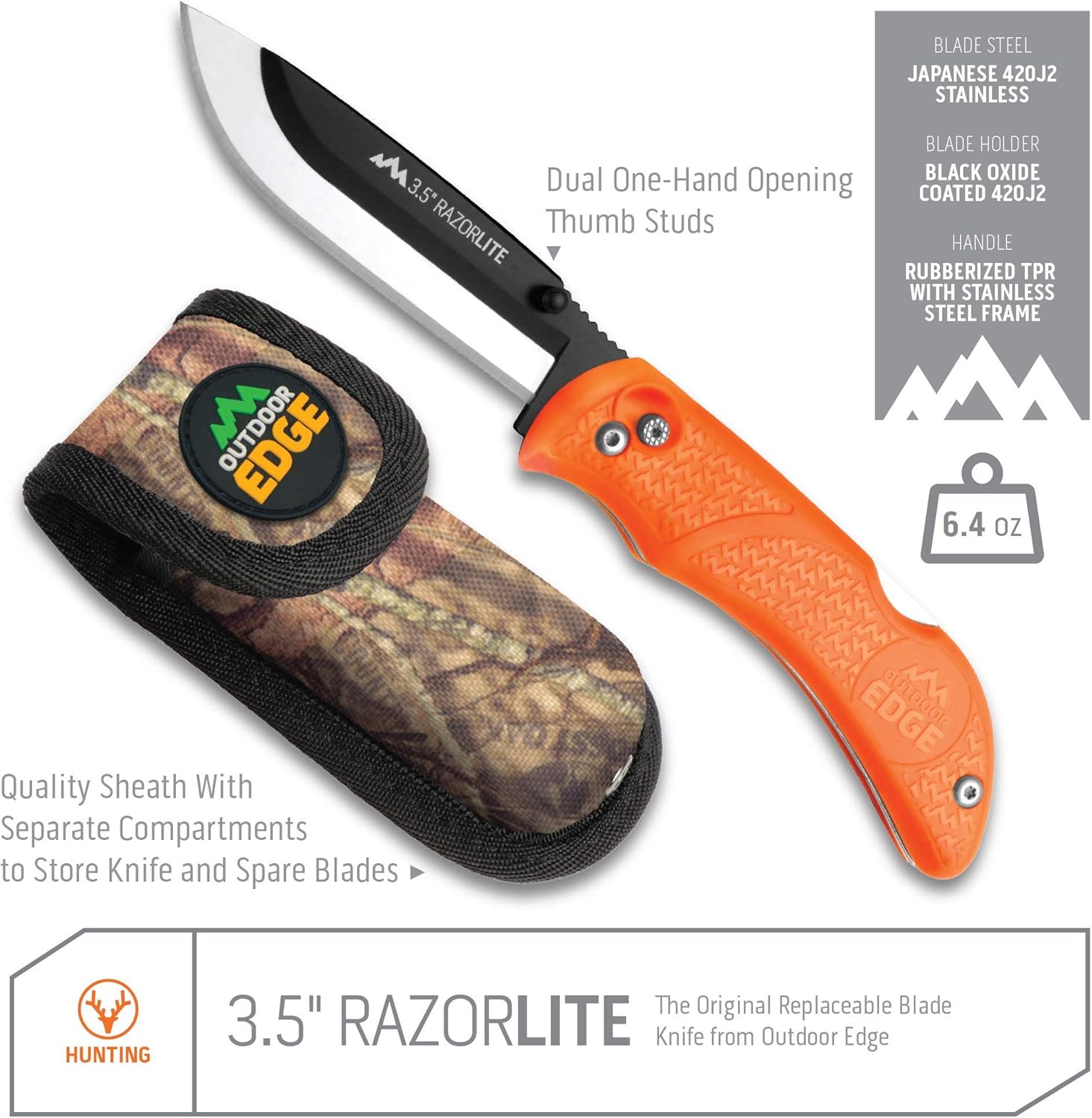 Outdoor Edge RazorLite - Replaceable Blade Folding Hunting Knife with Rubberized Nonslip TPR Handle, 6-Blades and Nylon Belt Sheath (Orange) : Hunting Folding Knives : Sports & Outdoors