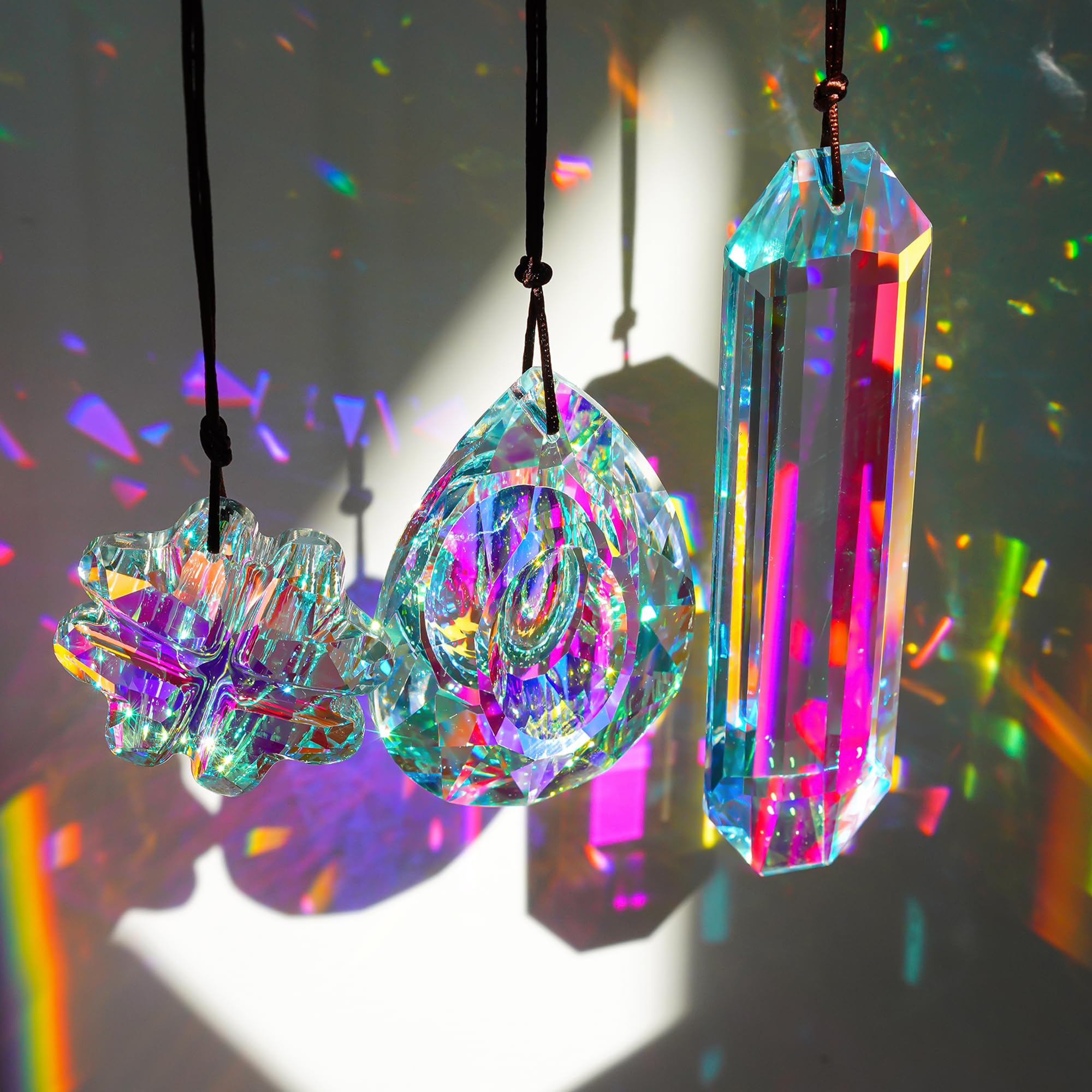 H&D HYALINE & DORA 3PCS Crystal Rainbow Suncatcher,Hanging Aurora Glass Prism for Window,Chandelier Lamp Drops Pendant Home Decor