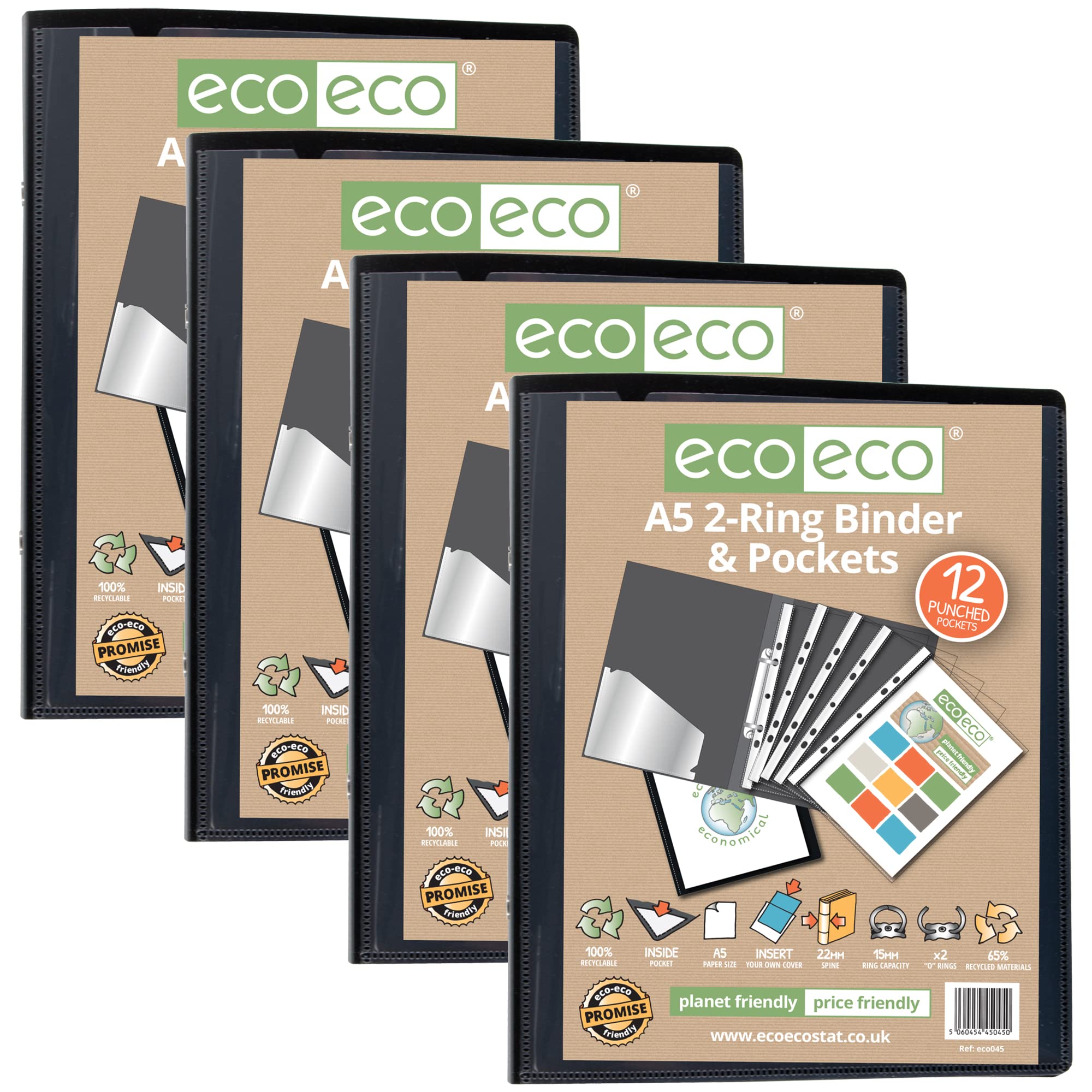 eco-eco A5 65% Recycled Presentation Ring Binder with 12 Multi Punched Pockets Black, Pack of 4, eco045x4