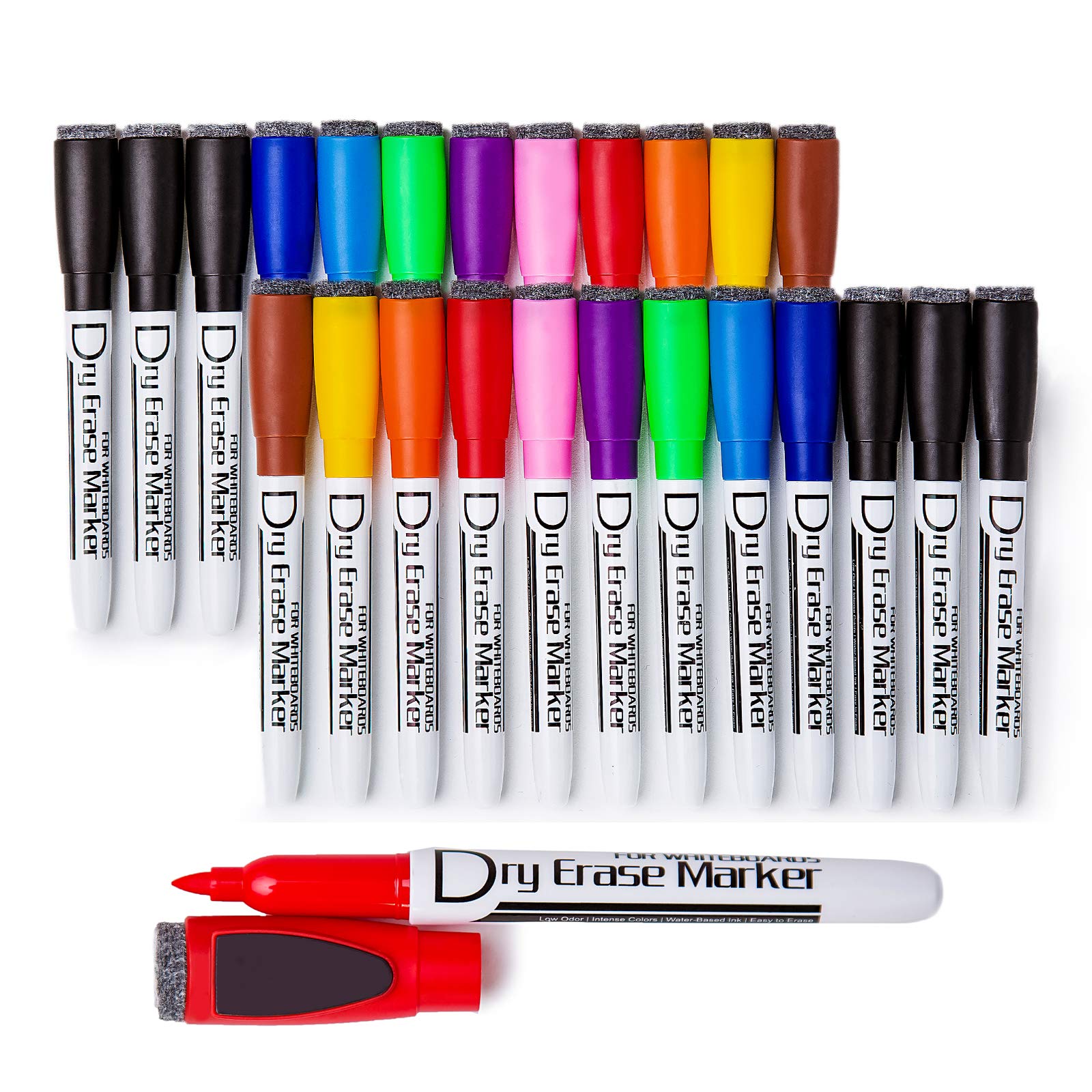 Volcanics Magnetic Whiteboard Pens with Eraser Dry Wipe Pens For Whiteboard Dry Erase Markers Fine Tip Thin White board Markers Colour Erasable Pack of 24