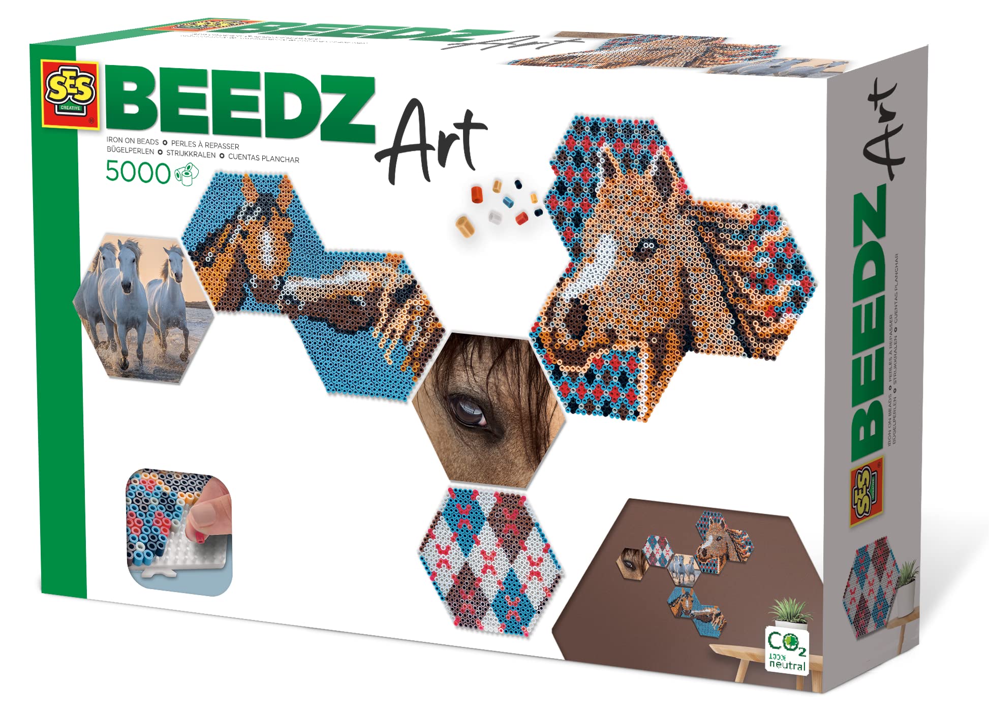 SES Creative Beedz Art-Hex Tiles Horses, 5000 Colorful Iron-on Beads, 3 Connectible Pegboards