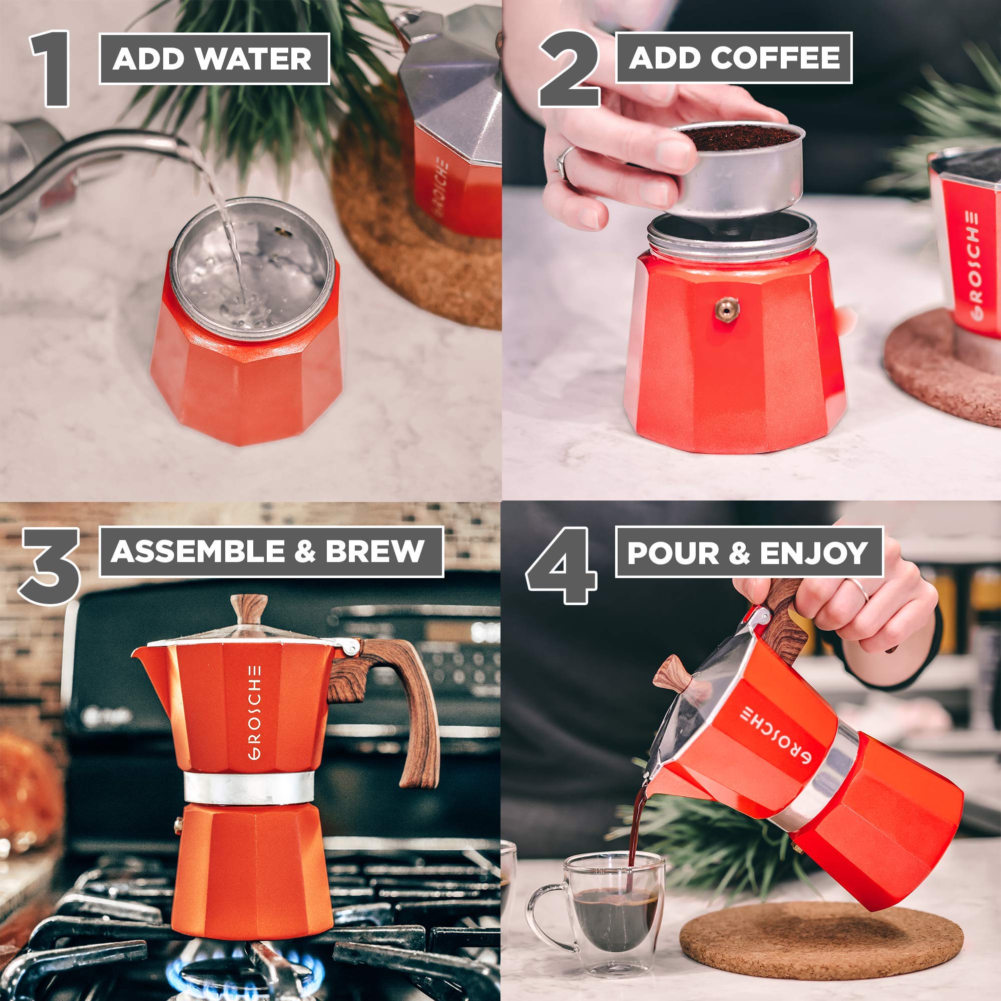 GROSCHE Milano Stovetop Espresso Maker Red 6 Espresso Cup Size And