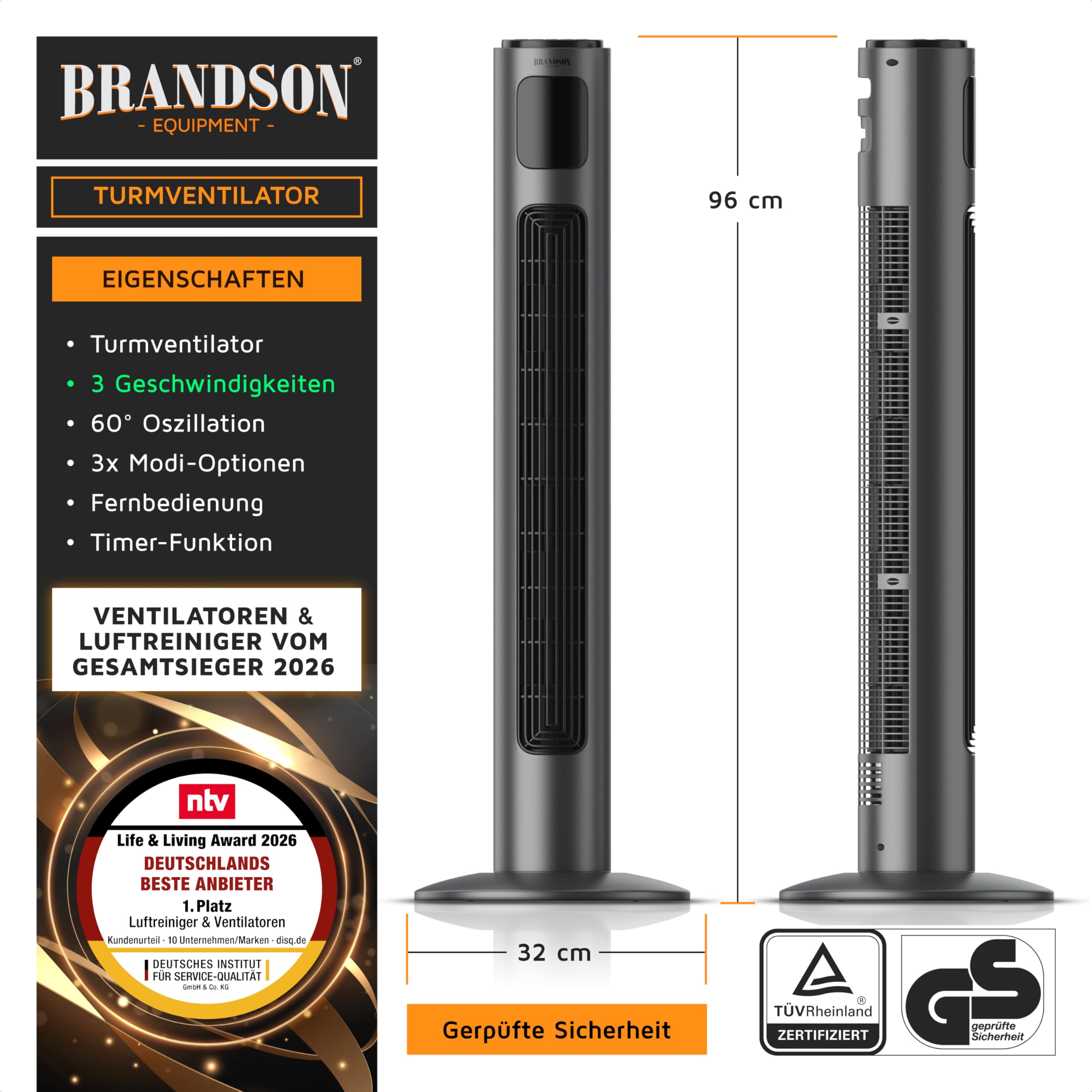 Brandson - Turmventilator mit Fernbedienung 96 cm - Preisträger 2026 - mobiler Lüfter leise - Standventilator mit Oszilation - 3 Geschwindigkeiten 3 Lüftungs-Modi Timer - Ventilator mit GS - Cool Grey 2