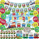 Train Party Decorations , Includes Happy Birthday Banner, Cake Toppers, Birthday Backdrop, Train Stickers, Balloons, Honeycomb Centerpieces, for Train Party Vehicle Party Supplies