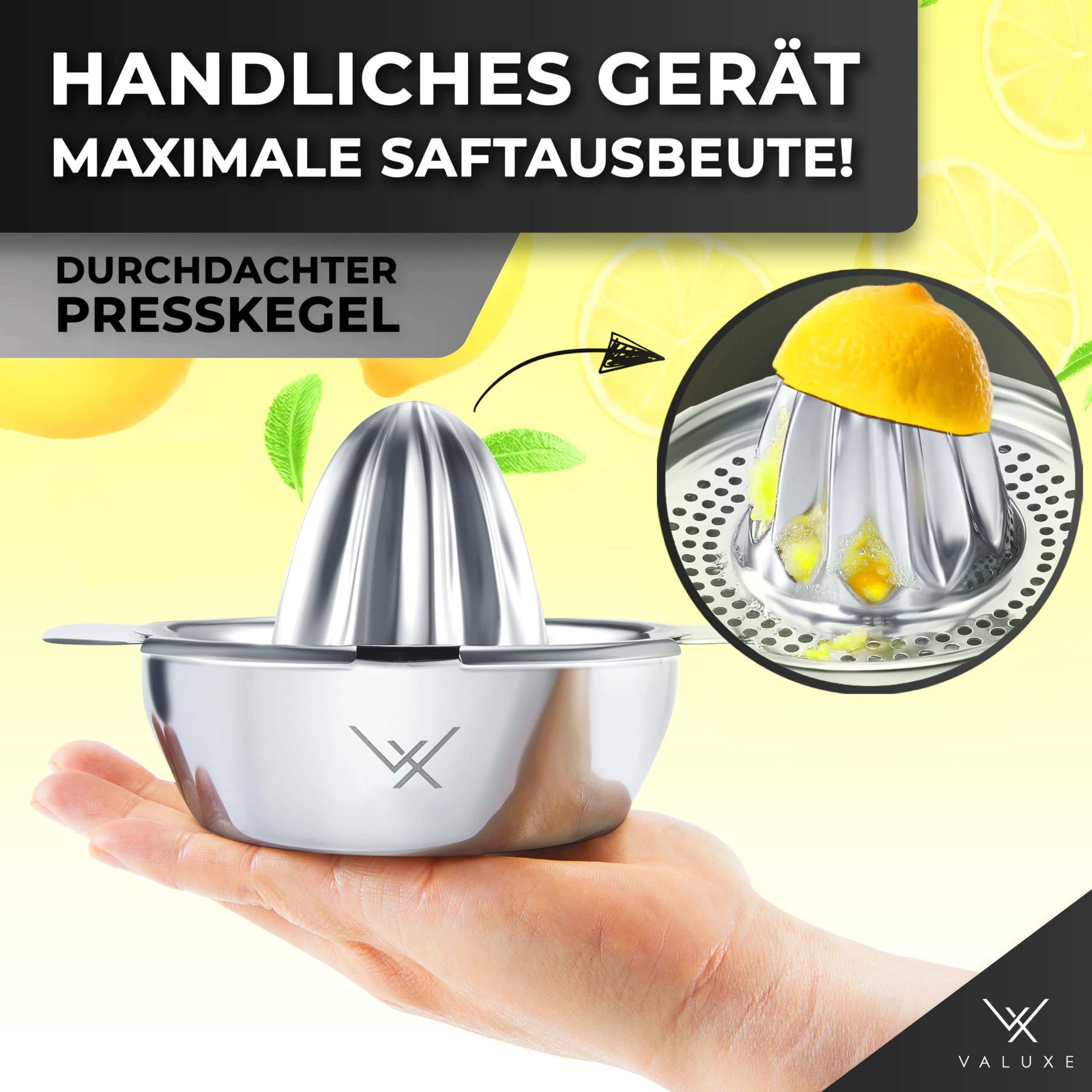 VALUXE® Premium Zitronenpresse Edelstahl - Zitruspresse für Zitronen, Limetten & Orangen mit 350ml Behälter - Manuelle Limetten-Presse, Lemon Squeezer spülmaschinengeeignet 2