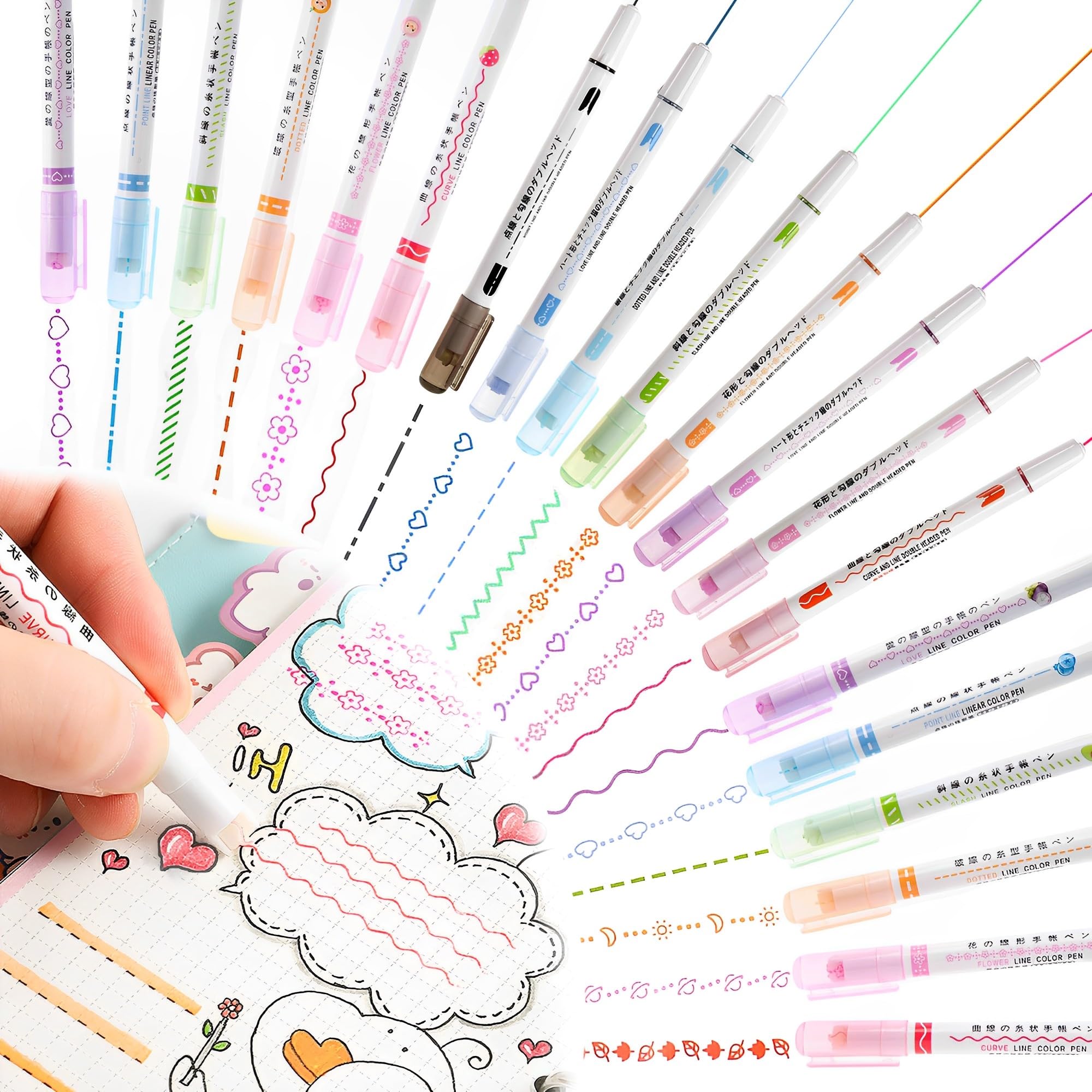 XSQD 20PCS Quick Drying Curve Student Marker Fluorescent Pen, Colorful Double Ended Lace Highlighter, 0.5mm Water-based Ink Curve Highlighter Pens, Used for Taking Notes, Gift Cards, Drawing