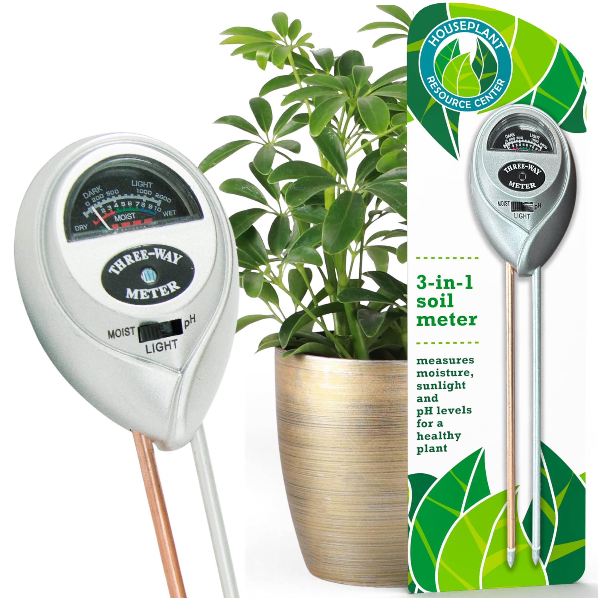 Houseplant Soil Meter for Fiddle Leaf Figs, Pothos, Monstera, and More – 3 in 1 pH/Moisture/Light Meter Promotes Robust Plant Growth and Health Through Proper Watering, Sunlight and Nutrition