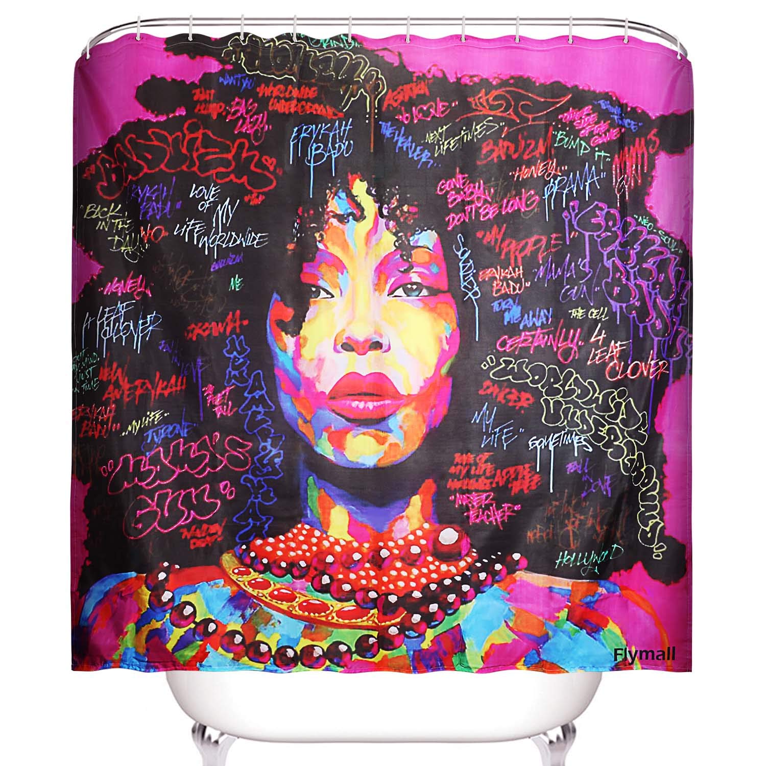 Flymall Shower Curtain Set,Waterproof Washable Polyester Fabric African Women Painting Shower Curtain Including 12-Pack Shower Hooks for Home Bathroom Decor(71 x 71)
