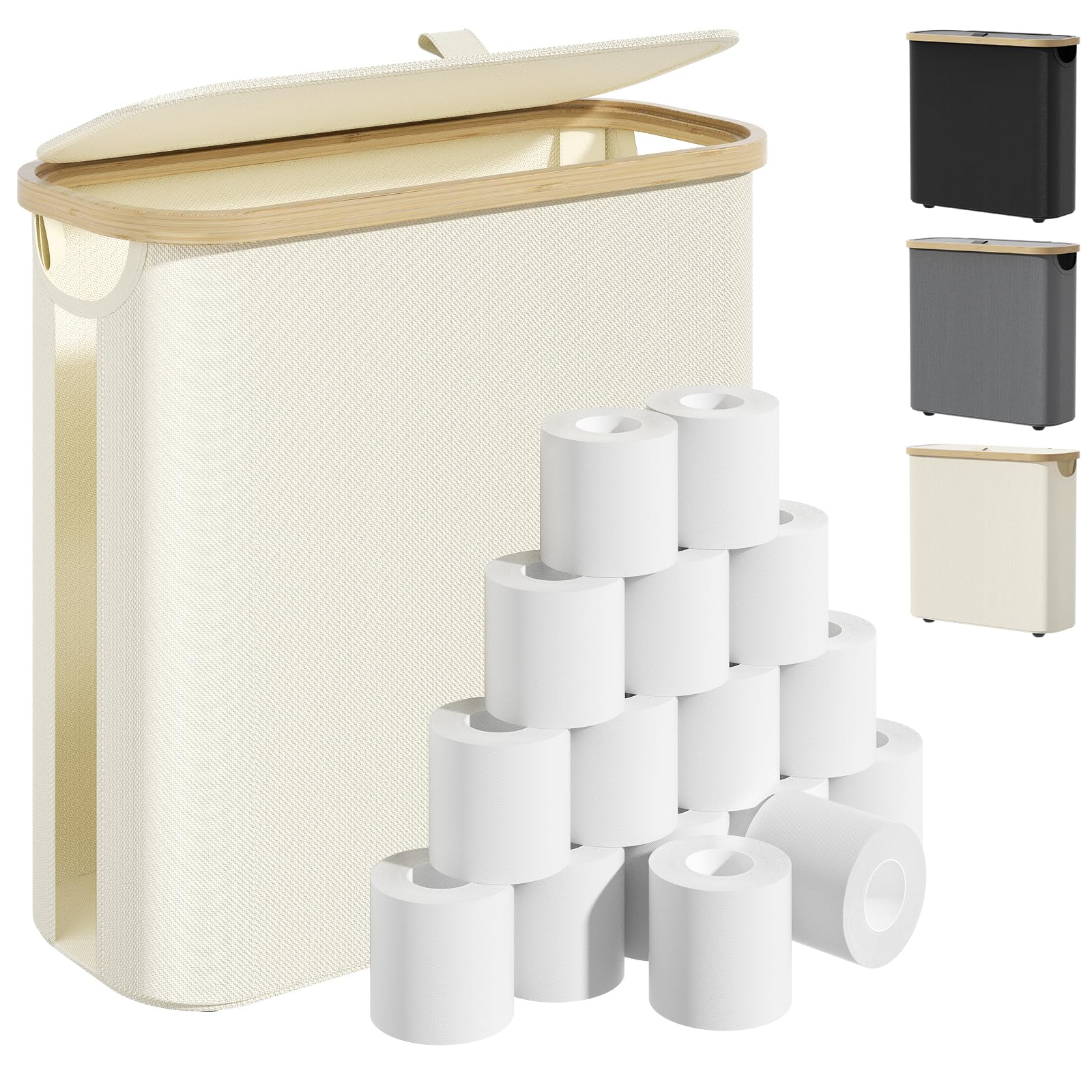 Photo 1 of Toilet Paper Storage Basket with Lid and Handle, Foldable Toilet Paper Basket Organizer for Bathroom, Large Capacity Toilet Paper Holder with Storage for 12 Mega or 16 Regular Rolls, Beige