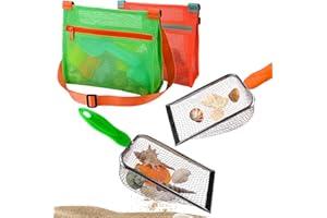 MUYIZI Beach Mesh Shovel with Mesh Shell Bags, Kids Filter Sand Scooper for Picking Up Shells,Shark Tooth Sifter Dipper for Boys and Girls,Beach Toys Accessories (Orange+Green)