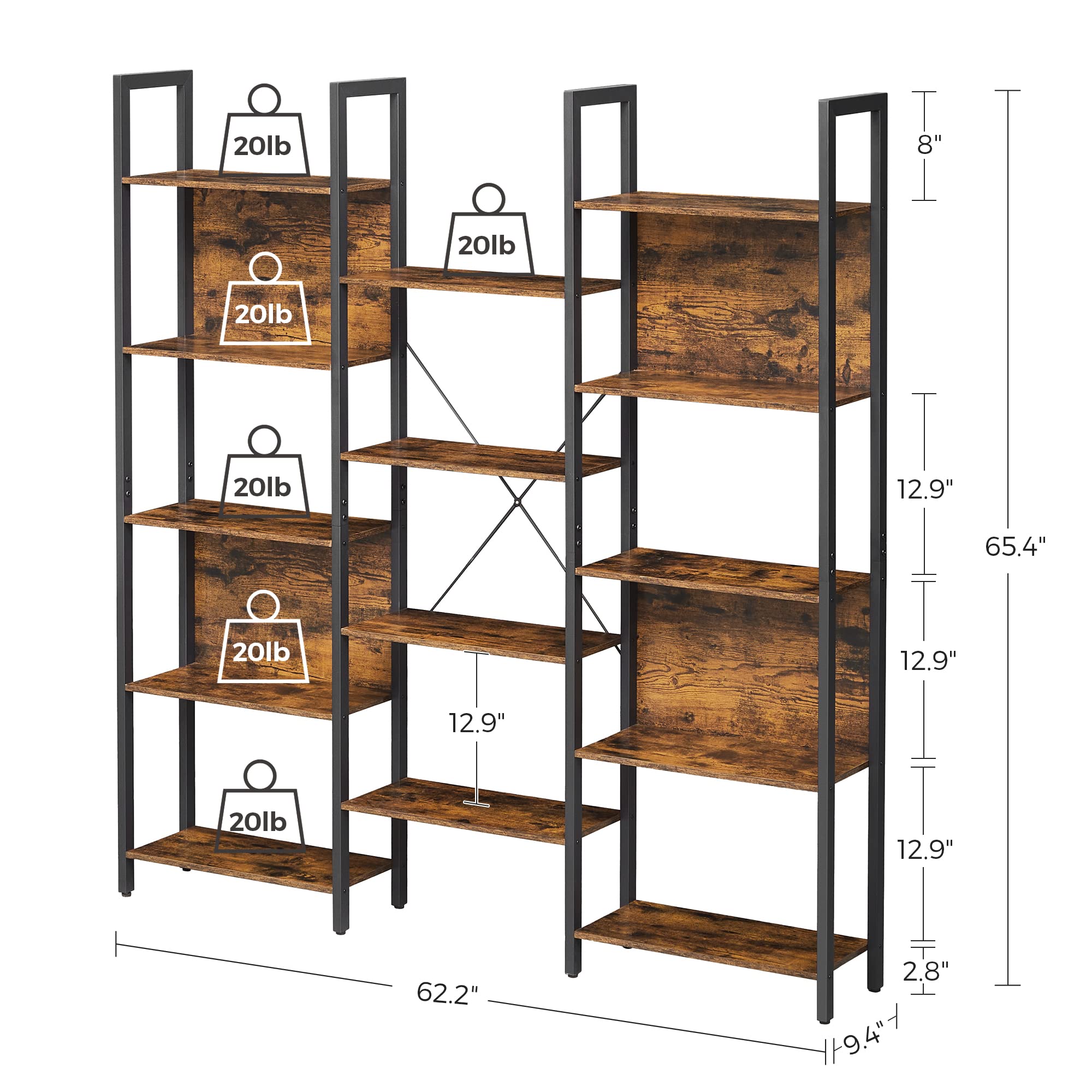 VASAGLE 5-Tier Bookcase with 14 Shelves, Book Shelf with Metal Frame, Bookshelf for Living Room, Home Office, Industrial Style, 9.4 x 62.2 x 65.4 Inches, Rustic Brown and Black ULLS107B01
