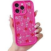 Micoden for iPhone 16 Pro Case, Cute for Women Girls Ribbon Bow Pattern Glitter Aesthetic Shockproof Protective Camera Protection Soft Durable TPU Cover Phone Case for iPhone 16 Pro, Hot Pink