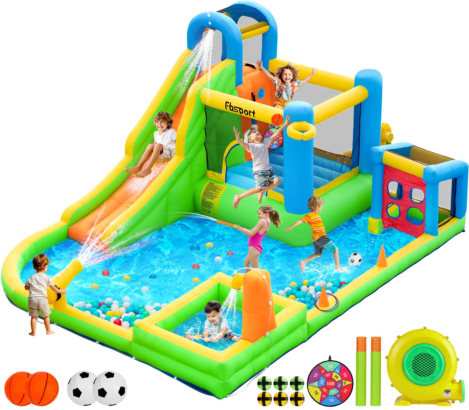 Photo 1 of FBSPORT Inflatable Bounce House, 9 in 1 Water Slide with Blower, Bouncy House for Kids Indoor Outdoor Wet Dry Combo Water Bounce House with Football Shooting, Water Gun, Splash Pool, Bounce Area, Hose