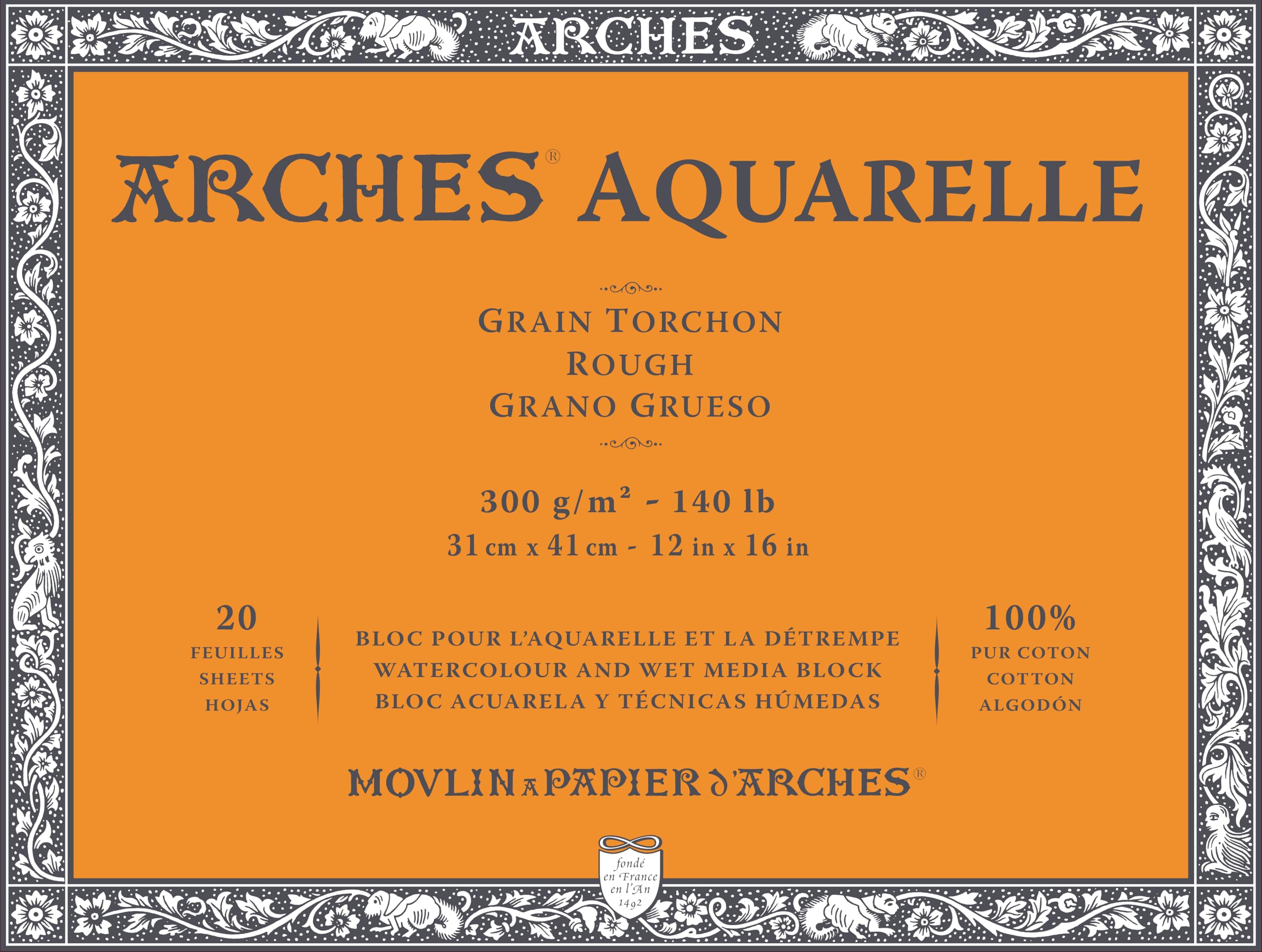 ARCHES Aquarelle 100% Thick 300g Gluing Pad 4L 31x41 20 Sheets Natural White, Cotton,Paper