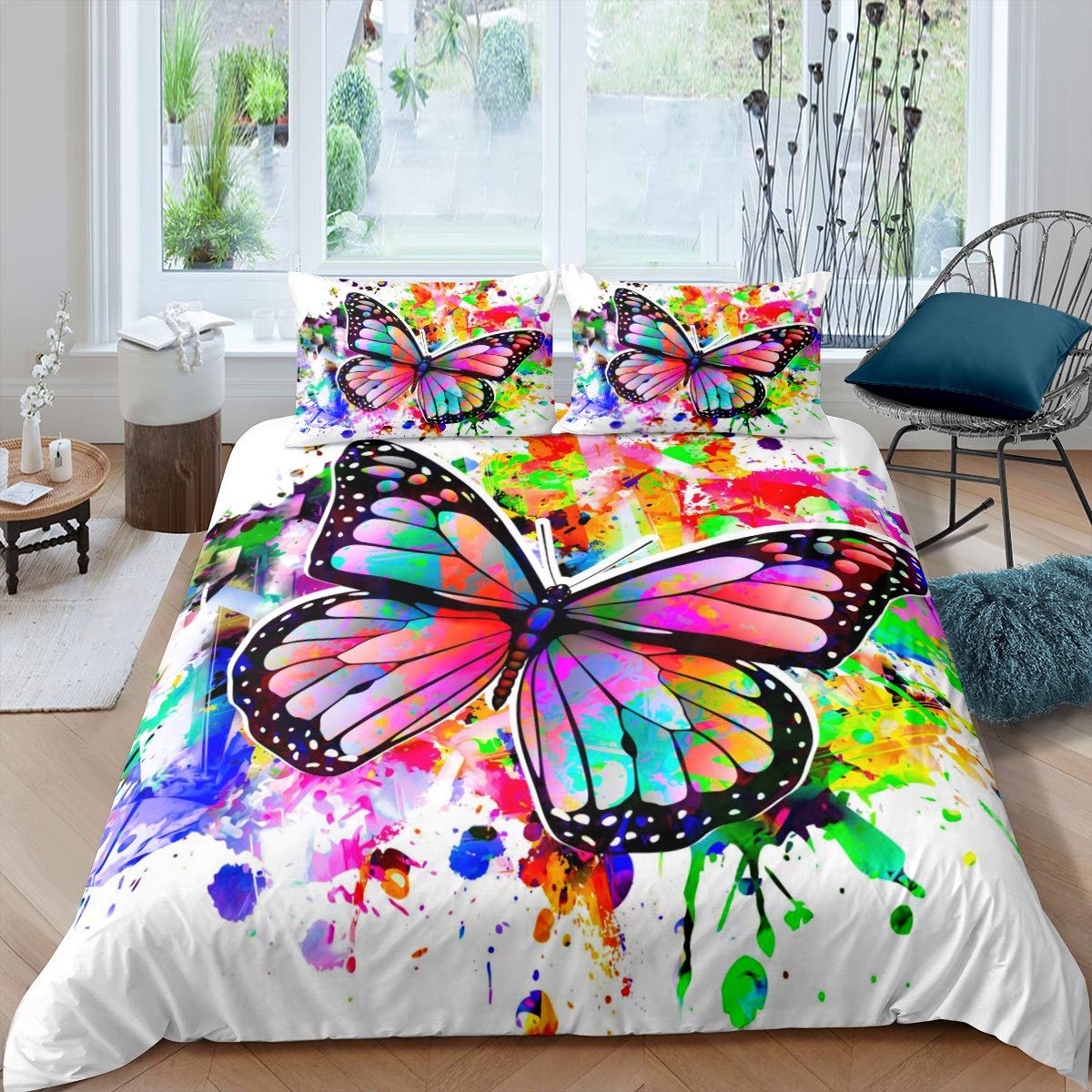 Loussiesd Butterfly Bedding Set for Girls Boys Children Rainbow Butterfly Comforter Cover Decorative Flying Insects Duvet Cover 3D Animal Bedspread Cover Colorful Single Size 2Pcs Bedclothes