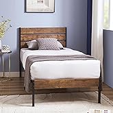 VECELO Twin Bed Frame with Wood Rustic Headboard, Easy Assembly Strong Metal Slats Support, No Box Spring Needed