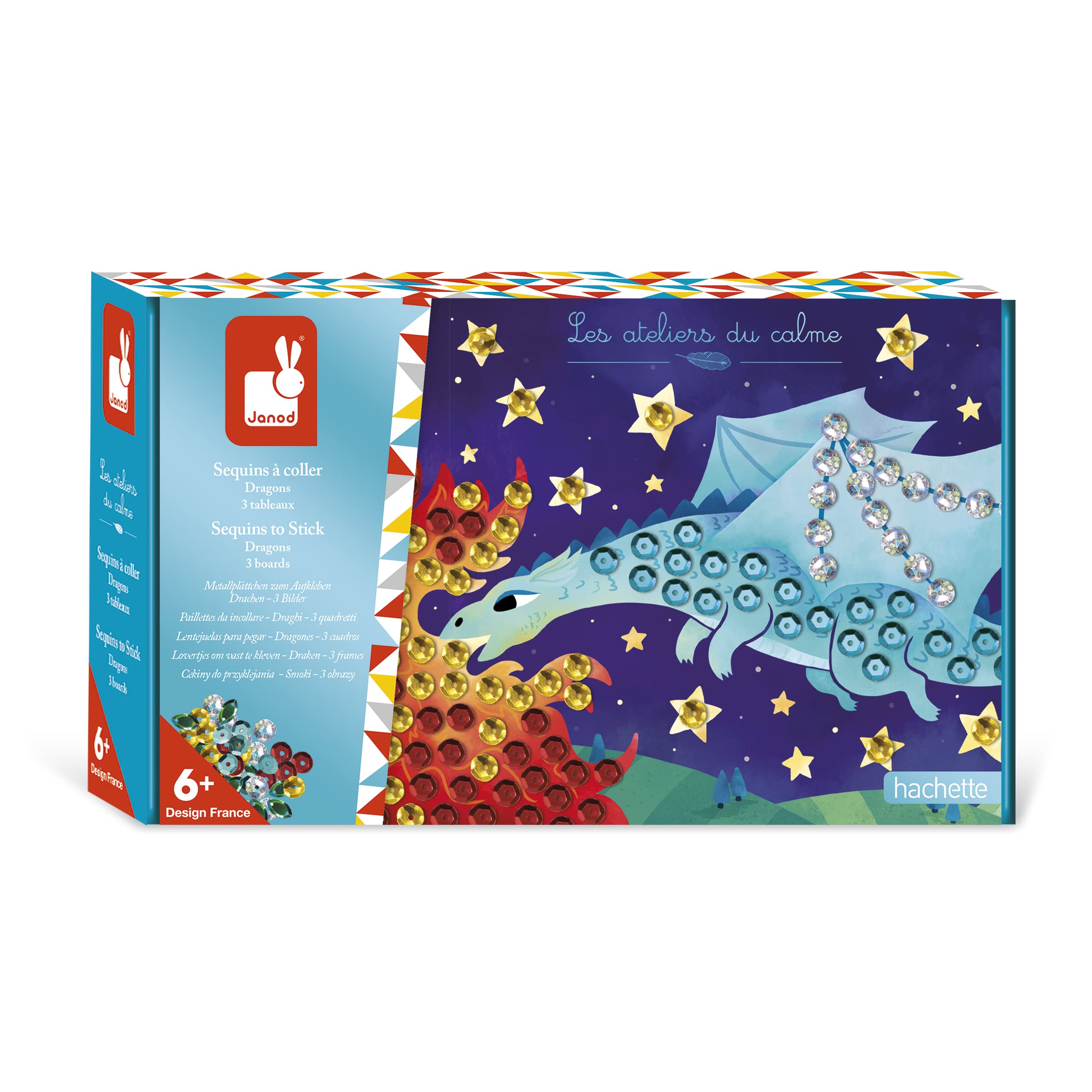 Janod - Glue-On Sequins Set - Dragons - Les Ateliers du Calme - Children’s Arts & Crafts Kit - Mastering Fine Motor Skills & Concentration - 6 Years +, J07921