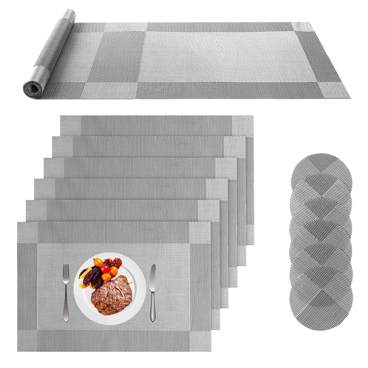 Miorkly Placemats and Coasters Set of 6 - Christmas Silver Grey Plastic Table Mats With Long Table Mat - Resistant Washable PVC - For Home, Restaurant