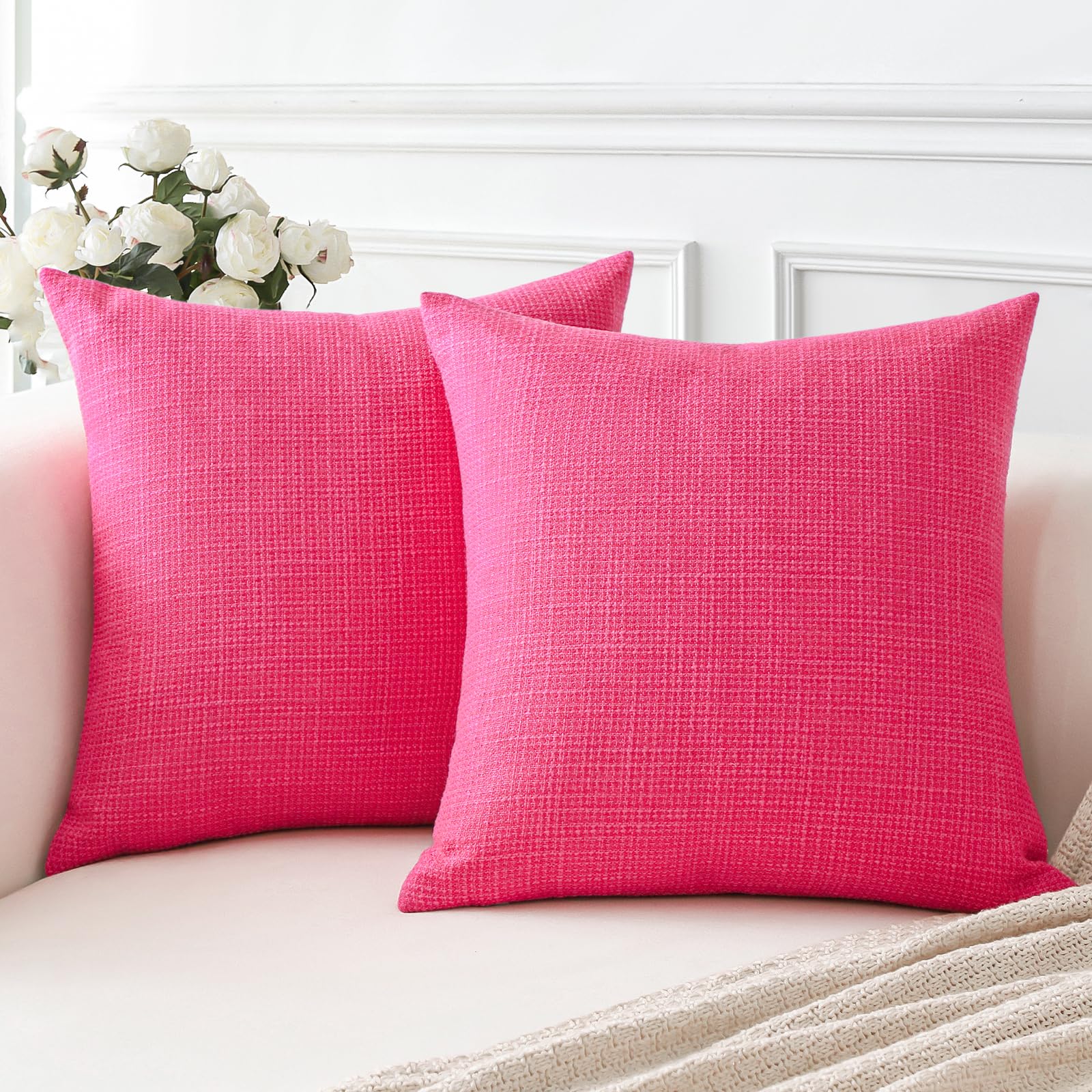 Artscope Rose Pink Cushion Covers Set of 2 Linen Decorative Square Pillowcases Pillow Covers 45x45cm for Home Decor Sofa Bedroom Car (Rose Pink, 18x18)