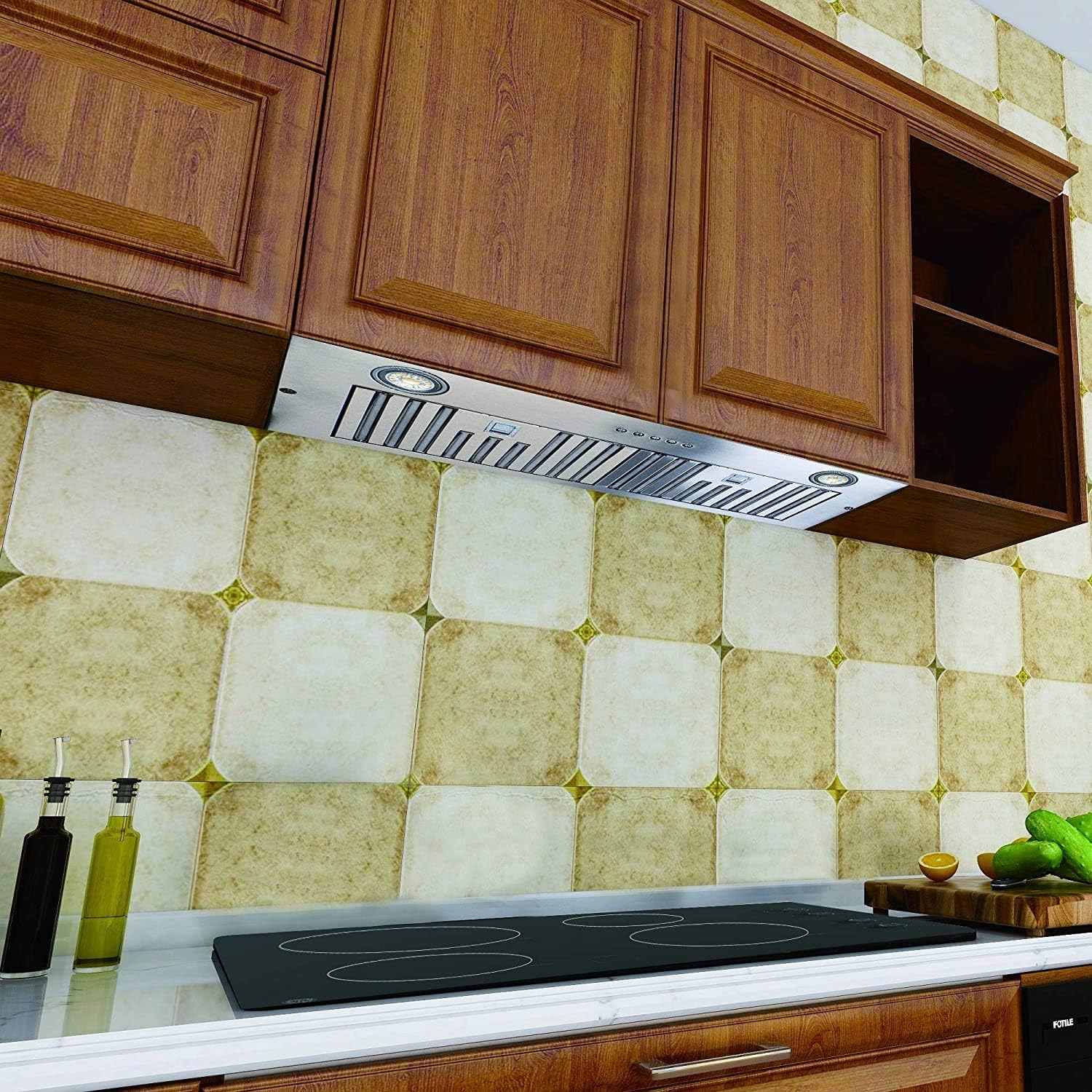 Homebeyond 600CFM Built-in Insert Wall Mount Under Cabinet Range Hood 36 Inch Stainless Steel Kitchen Chimney Over Stove Vent LED Light with Baffle Filters 3 Speed Control E70-36