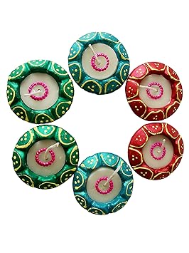 Indian Art & Crafts Handmade Traditional Designer Clay Mitti Wax Diya for Diwali Puja I Home Decoration and Gift | Set of 6 Multicolour Terracotta Deepak