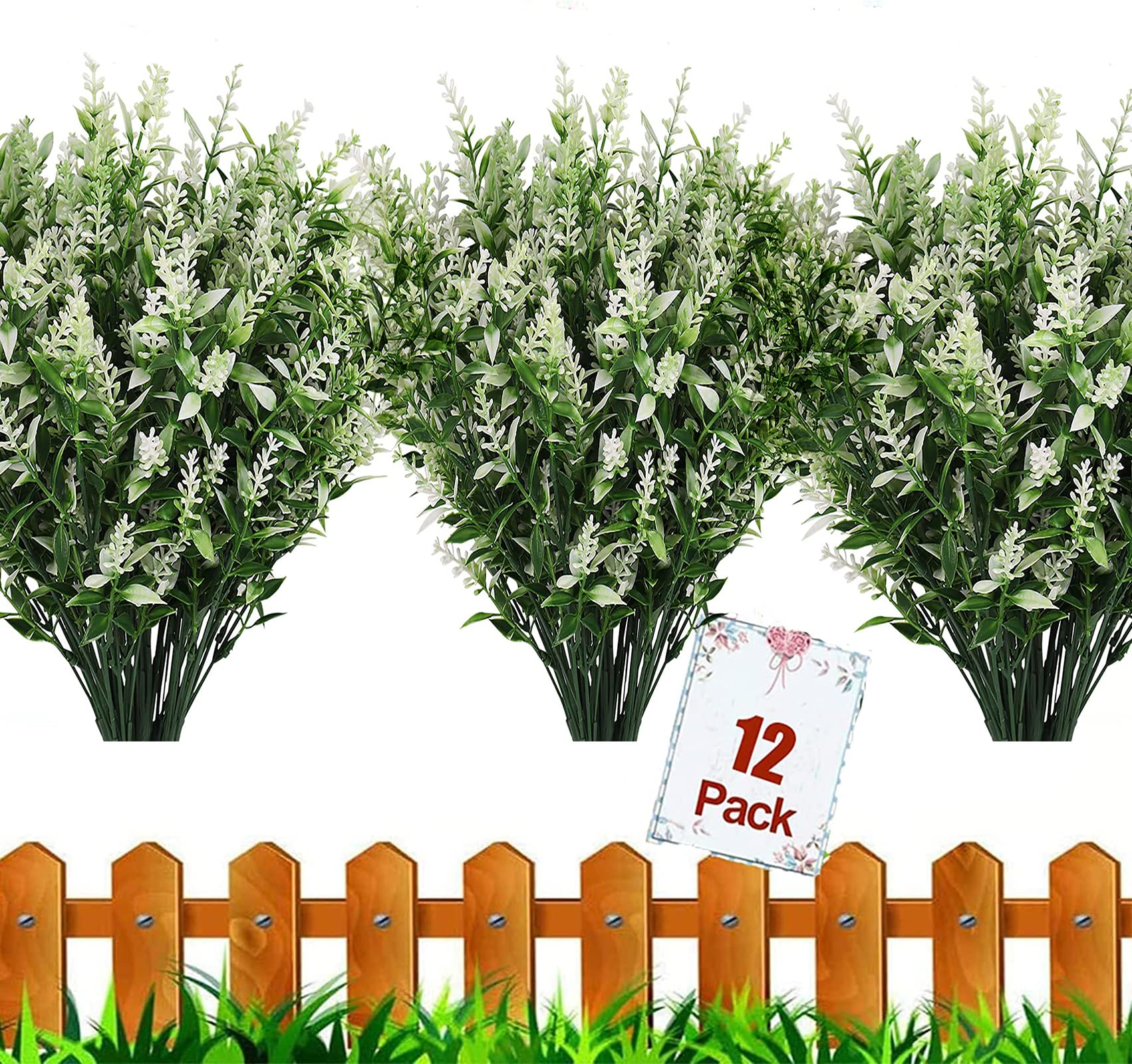 HBell 12 Bundles Outdoor Artificial Flowers UV Resistant Fake Boxwood Plants, Faux Plastic Greenery for Indoor Outside Hanging Plants Garden Porch Window Box Home Wedding Farmhouse Decor (White)