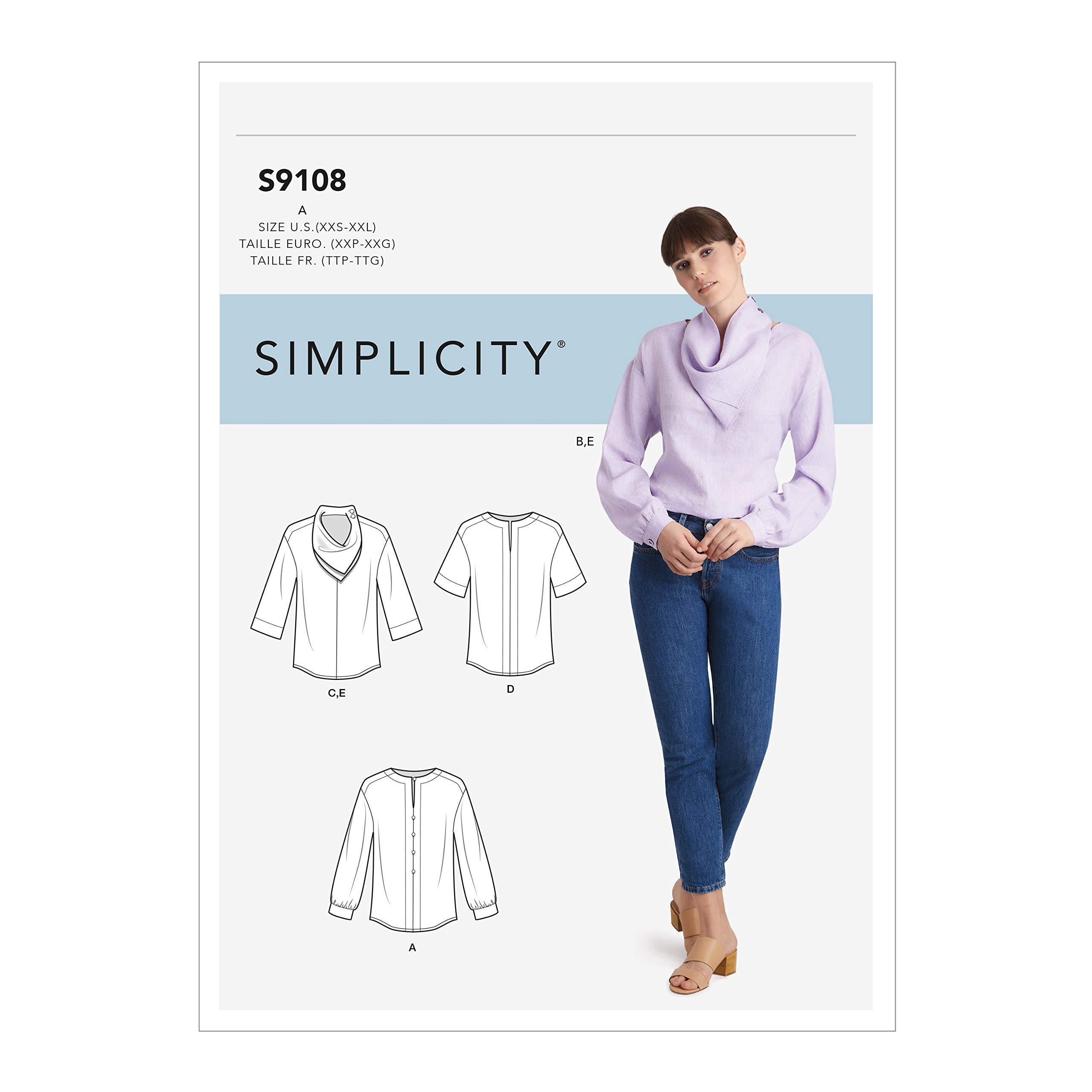 SIMPLICITY Sewing Pattern S9108 Misses' Tops with Sleeve Variation & Neck Scarf, Various, A (XXS-XS-S-M-L-XL-XXL)