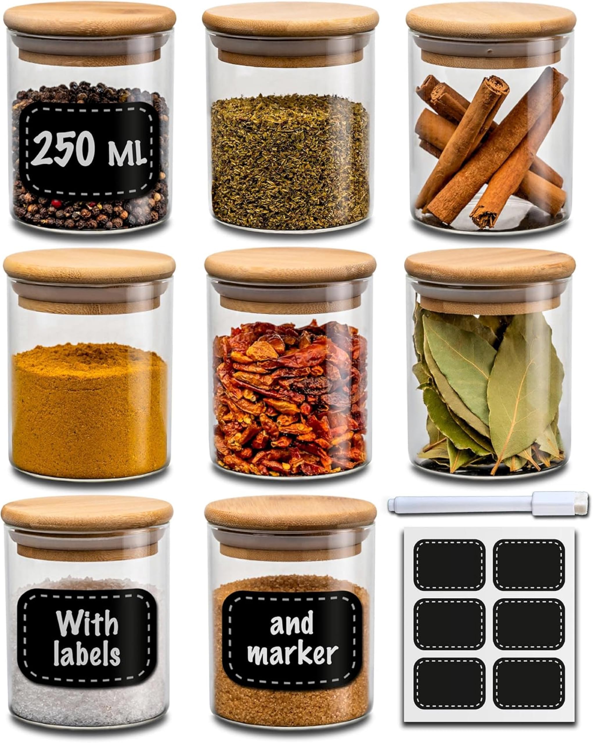 Set of 8 Glass Spice Jars with Bamboo Lids - 250 ml - With Labels & Erasable Marker - Airtight & Dishwasher Safe - Perfect for Organizing Spices & Herbs