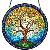 Tree of Life Stained Glass Window Hanging - Sun Catchers for Indoor/Outdoor Décor | Artisan Glass Panels for Home & Garden Wall Art | Unique Suncatcher Housewarming Gift for Home Decoration