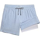 maamgic Men's Swim Trunks 5.5 inch Seersucker 2 in 1 Beach Shorts Quick Dry Bathing Suits with Compression Liner