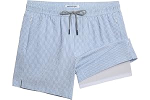 maamgic Men's Swim Trunks 5.5 inch Seersucker 2 in 1 Beach Shorts Quick Dry Bathing Suits with Compression Liner